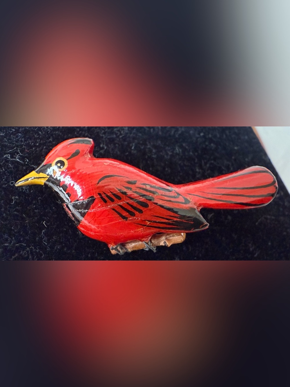 VTG Takahashi Style Carved Wooden Hand Painted Brooch Pin Cardinal Bird